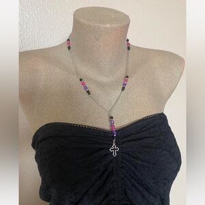 Handmade Rosary Necklace with Pink, Purple, & Black Beads - Mini Length